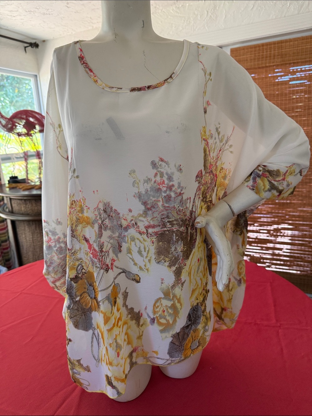 Women’s Floral Sheer Blouse - White with Yellow & Brown Floral Print